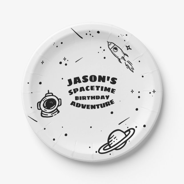 Black White Outer Space Astronaut Birthday Plate (Front)