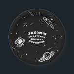 Black White Outer Space Astronaut Birthday Plate<br><div class="desc">Unique, fun, modern and bold birthday astronaut space adventure birthday party plate design. Black and white colour palette is used to create a simple yet bold and eye-catching birthday space celebration design theme. The black dominant color is used to represent the deep outer space. Fun cartoon illustration sketches featuring Space...</div>