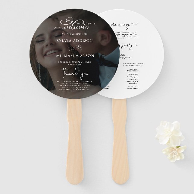 Black & White Overlay Photo Wedding Programs Hand  Fan (Front and Back)