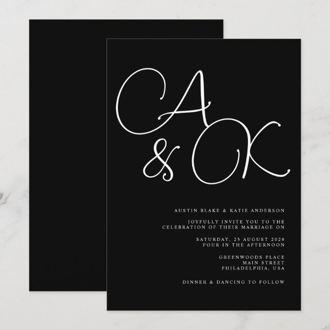 Black & White Oversized Names Monogram Wedding Invitation (Front/Back)