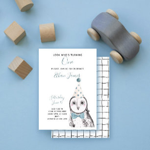 Black & White Owl 1st Birthday Boy Party Invitation