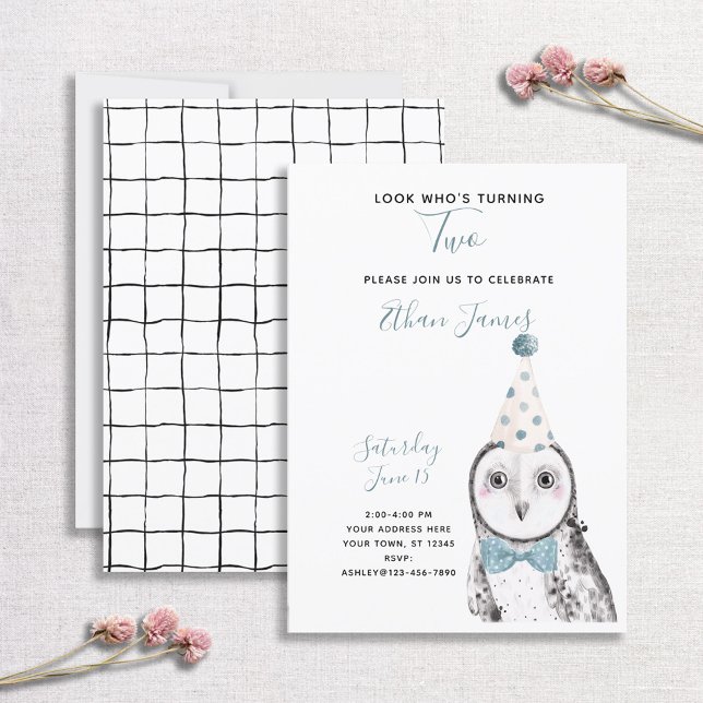 Black & White Owl 2nd Birthday Boy Party Invitation (Creator Uploaded)