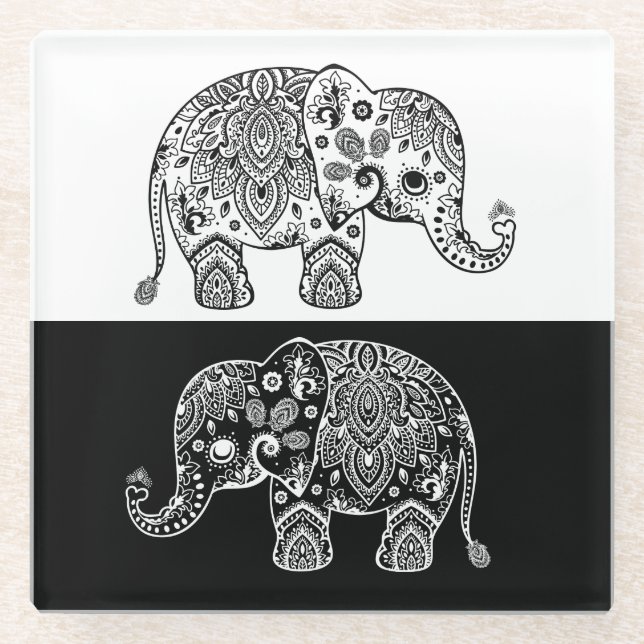 Black & White Paisley Lace Elephant Illustration Glass Coaster (Front)