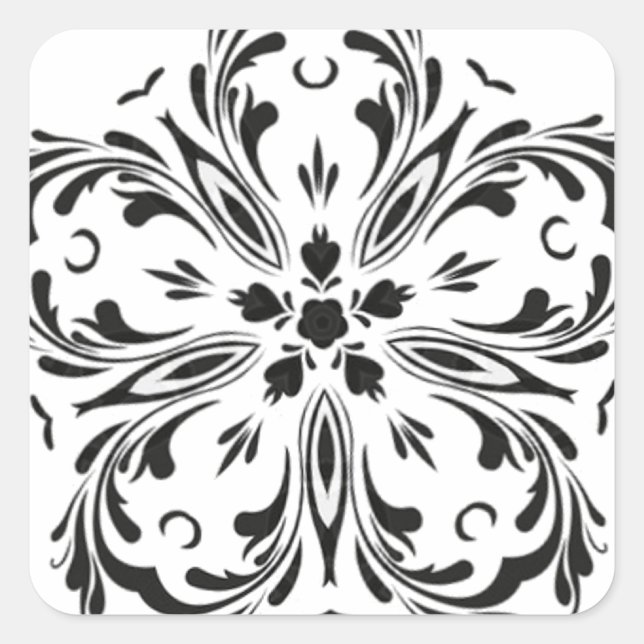 Black White Paisley Look Star Design Square Sticker (Front)