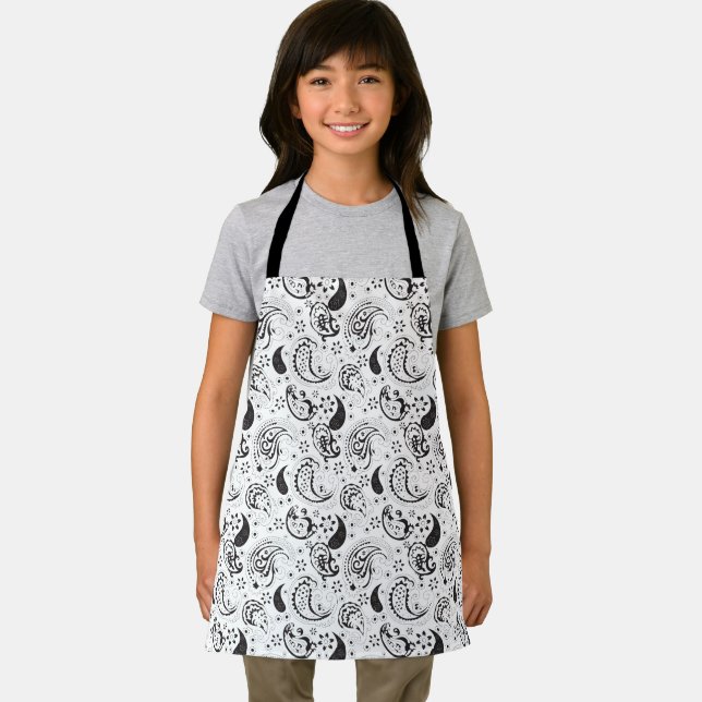 Black & White Paisley Pattern –Elegant Textile Art Apron (Insitu)