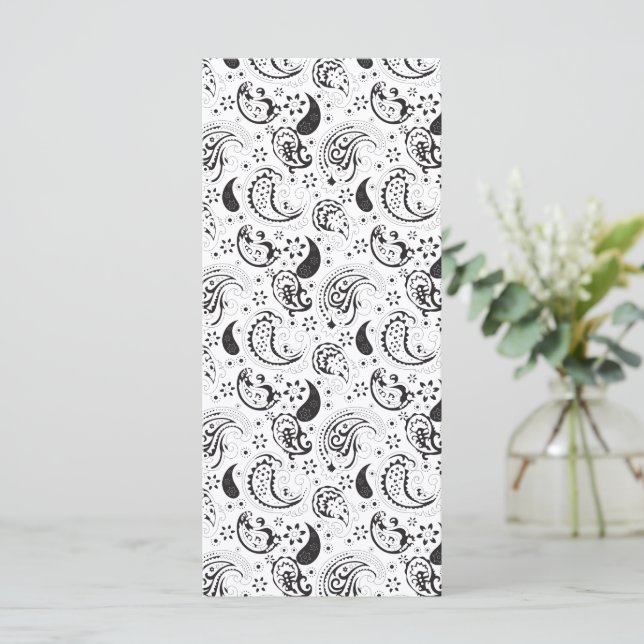 Black & White Paisley Pattern –Elegant Textile Art Menu (Standing Front)