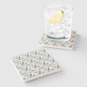 Black & White Paisley Pattern –Elegant Textile Art Stone Coaster