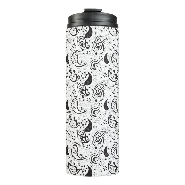 Black & White Paisley Pattern –Elegant Textile Art Thermal Tumbler (Front)