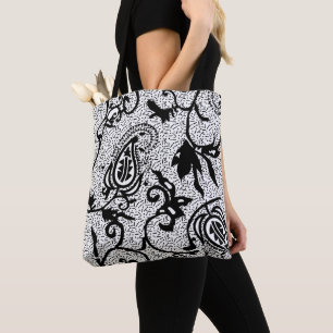 Black White Paisley Pattern Floral Swirl   Decor Tote Bag