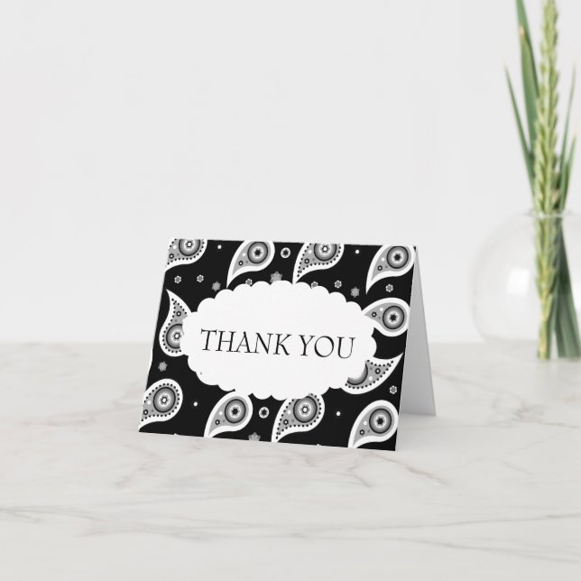 Black & White Paisley Wedding Thank You Card (Front)
