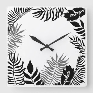 Black White Palm Tree Foil Botanical Minimal Square Wall Clock
