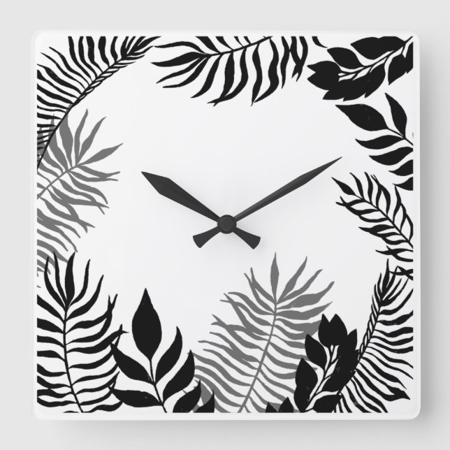 Black White Palm Tree Foil Botanical Minimal Square Wall Clock (Front)