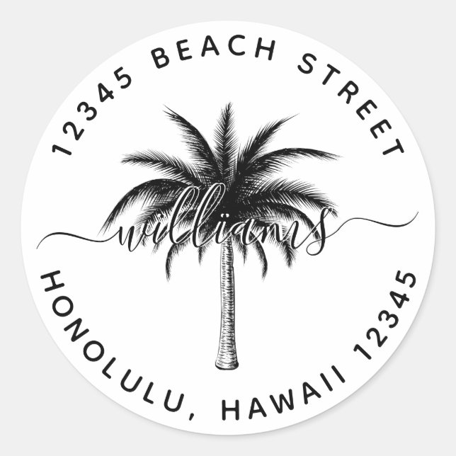 Black & White Palm Tree Return Address Classic Round Sticker (Front)