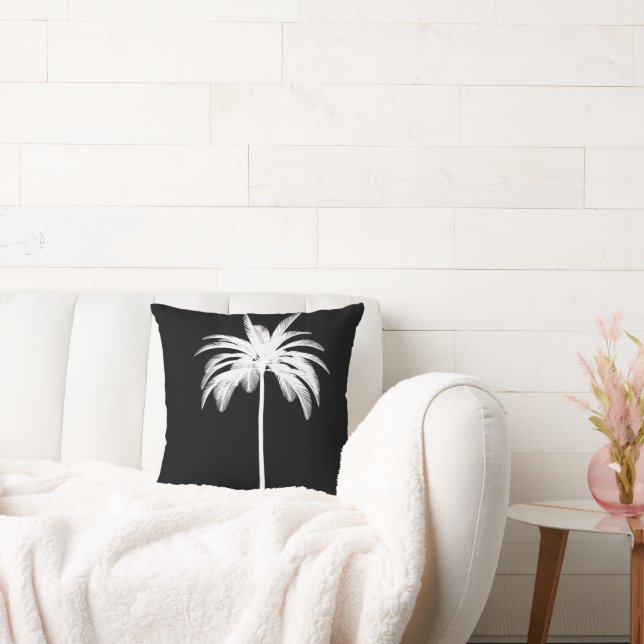 Black White Palm Tree Tropical Elegant Throw Pillow (Couch)