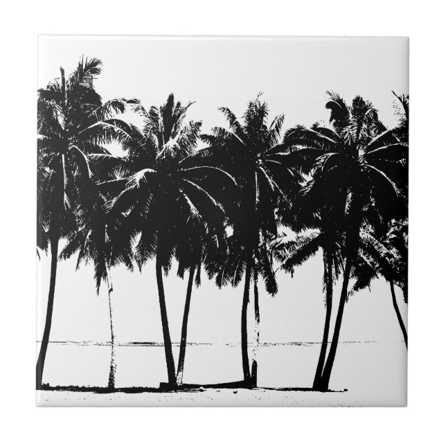 Black White Palm Trees Silhouette Tile (Front)