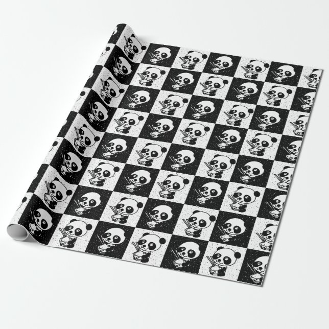 Black White Panda Chequered Block Print Wrapping Paper (Unrolled)