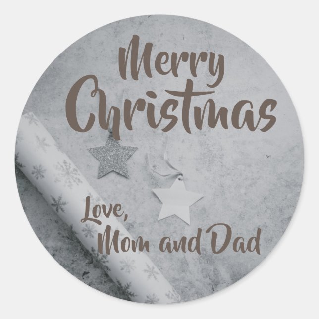 Black & White parchment and glittery stars Classic Round Sticker (Front)