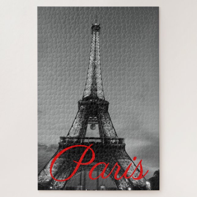 Black White Paris City Night Eiffel Tower European Jigsaw Puzzle (Vertical)