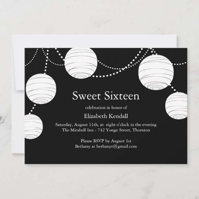Black & White Party Lantern Sweet 16 Invitation (Front)