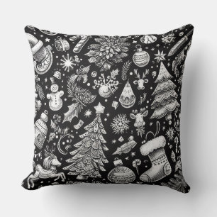 Black White Pastel Drawing Christmas Motif Holiday Throw Pillow