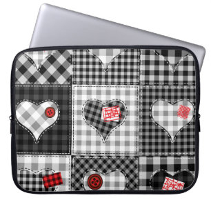 Black White Patchwork Hearts Seamless. Laptop Sleeve