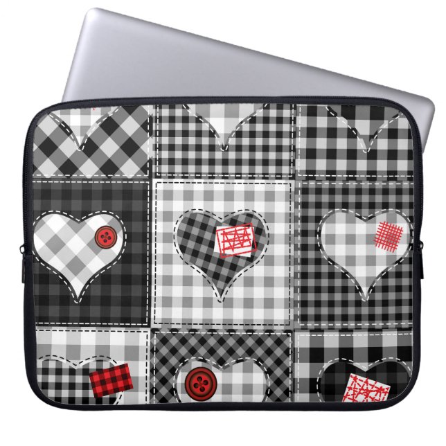 Black White Patchwork Hearts Seamless. Laptop Sleeve (Front)
