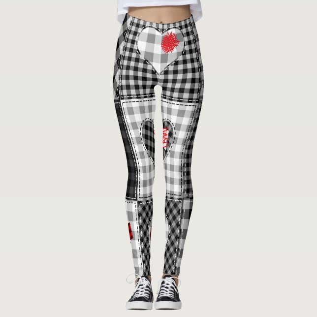 Black White Patchwork Hearts Seamless. Leggings (Front)