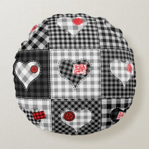 Black White Patchwork Hearts Seamless. Round Pillow