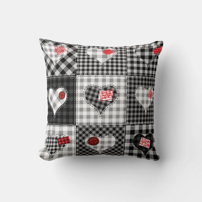 Black White Patchwork Hearts Seamless. Throw Pillow (Front)
