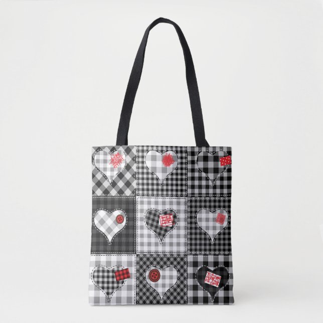 Black White Patchwork Hearts Seamless. Tote Bag (Front)