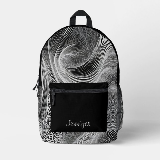 Black White Pattern Abstract Curves Personalized Printed Backpack (Front)