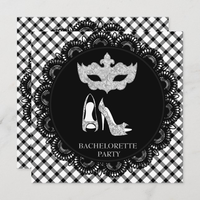 BLACK WHITE PATTERN BACHELORETTE MASQUERADE PARTY INVITATION (Front/Back)