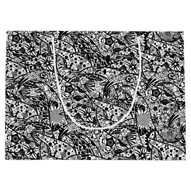 Black White Pattern Flowers and Leaves Gift Bag (Front)