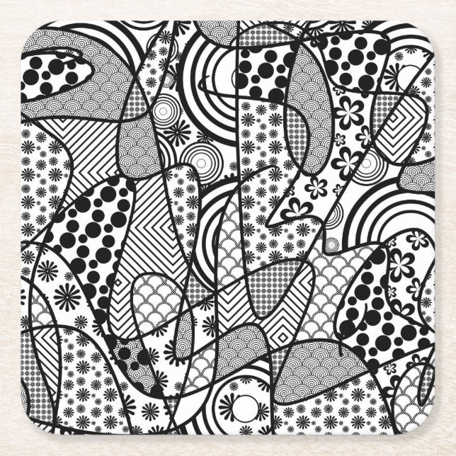 Black & White Pattern Patchwork 02 Square Paper Coaster (Front)