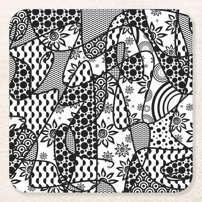 Black & White Pattern Patchwork 03 Square Paper Coaster (Front)