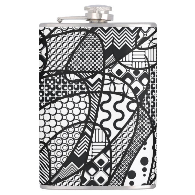 Black & White Pattern Patchwork 05 Hip Flask (Front)