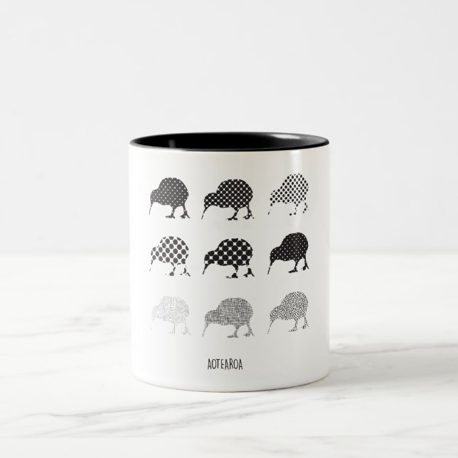 Black & White Patterned Kiwi Birds Two-Tone Coffee Mug (Center)