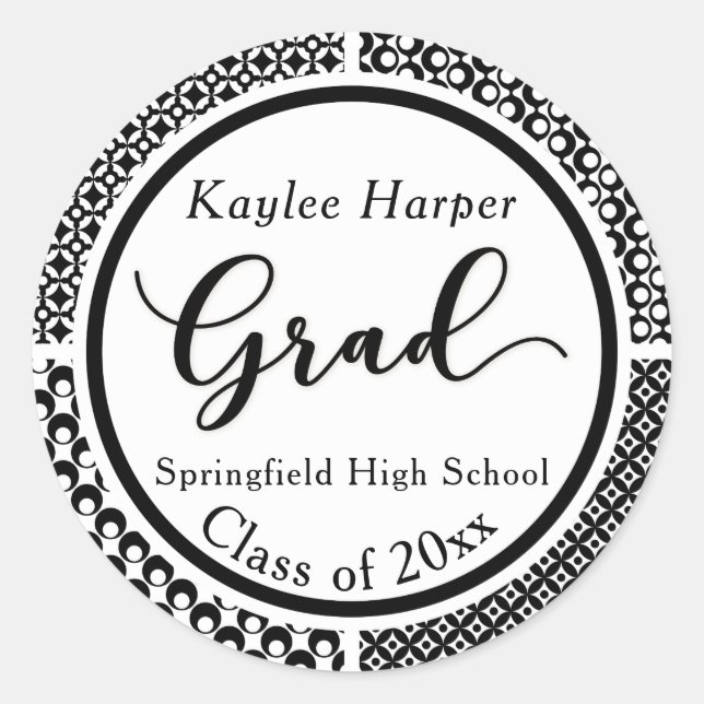 Black & White Patterns Graduation Celebration 2 Classic Round Sticker (Front)