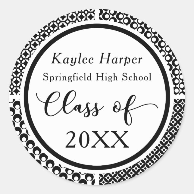 Black & White Patterns Graduation Celebration Classic Round Sticker (Front)