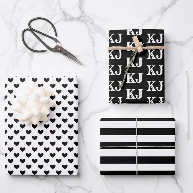 Black White Patterns Monogram4 Wrapping Paper Sheet (Front)