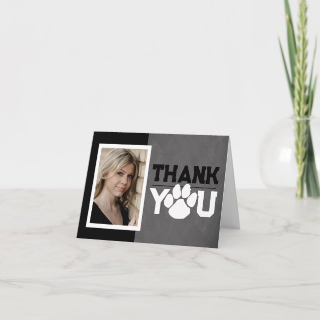 Black & White Paw Print Graduation Folding 2 Photo Thank You Card (Front)