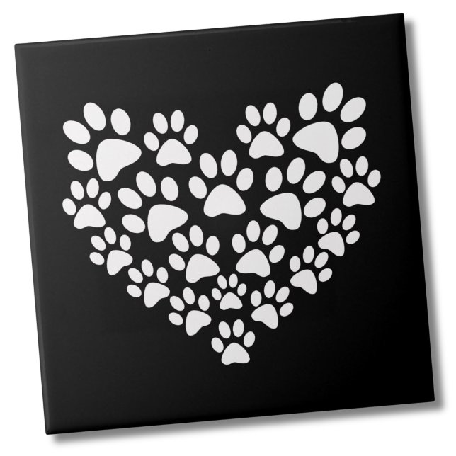 Black White Paw Print Heart Tile (Black White Paw Print Heart Ceramic Tile)
