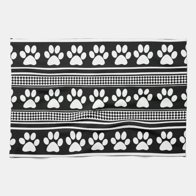 Black white paw print pattern kitchen towel (Horizontal)