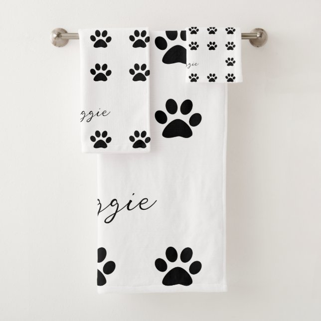 Black White Paw Print Pattern Monogram Custom Name Bath Towel Set (Insitu)