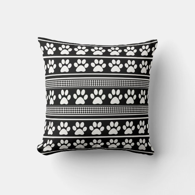 Black white paw print pattern square pillow (Front)