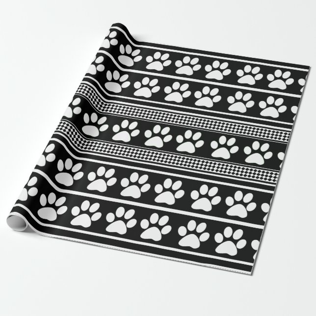 Black white paw print pattern wrapping paper (Unrolled)