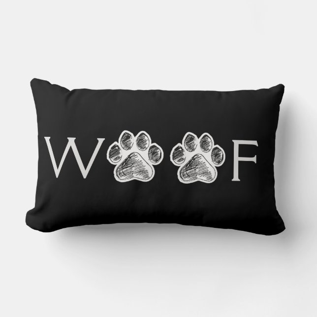 Black White Paw Print 'Woof' Decorative Throw Lumb Lumbar Pillow (Front)