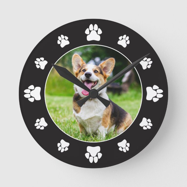 Black White Paw Prints Add Your Pet Photo  Round Clock (Front)