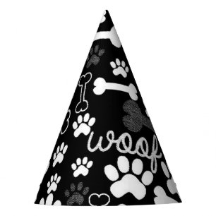 Black & White Paw Prints & Bones Dog Party Hat