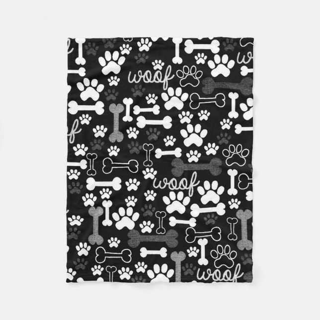Black & White Paw Prints & Bones Fleece Blanket (Front)